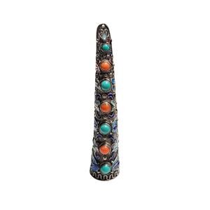 Vintage Chinese Silver Enamel Turquoise Coral Nail Guard Brooch